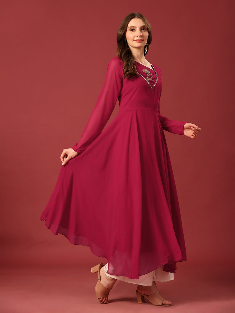 Poshak Hub Women Pink Ethnic Motifs Hand Embroidery Georgette Anarkali Kurta