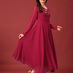 Poshak Hub Women Pink Ethnic Motifs Hand Embroidery Georgette Anarkali Kurta