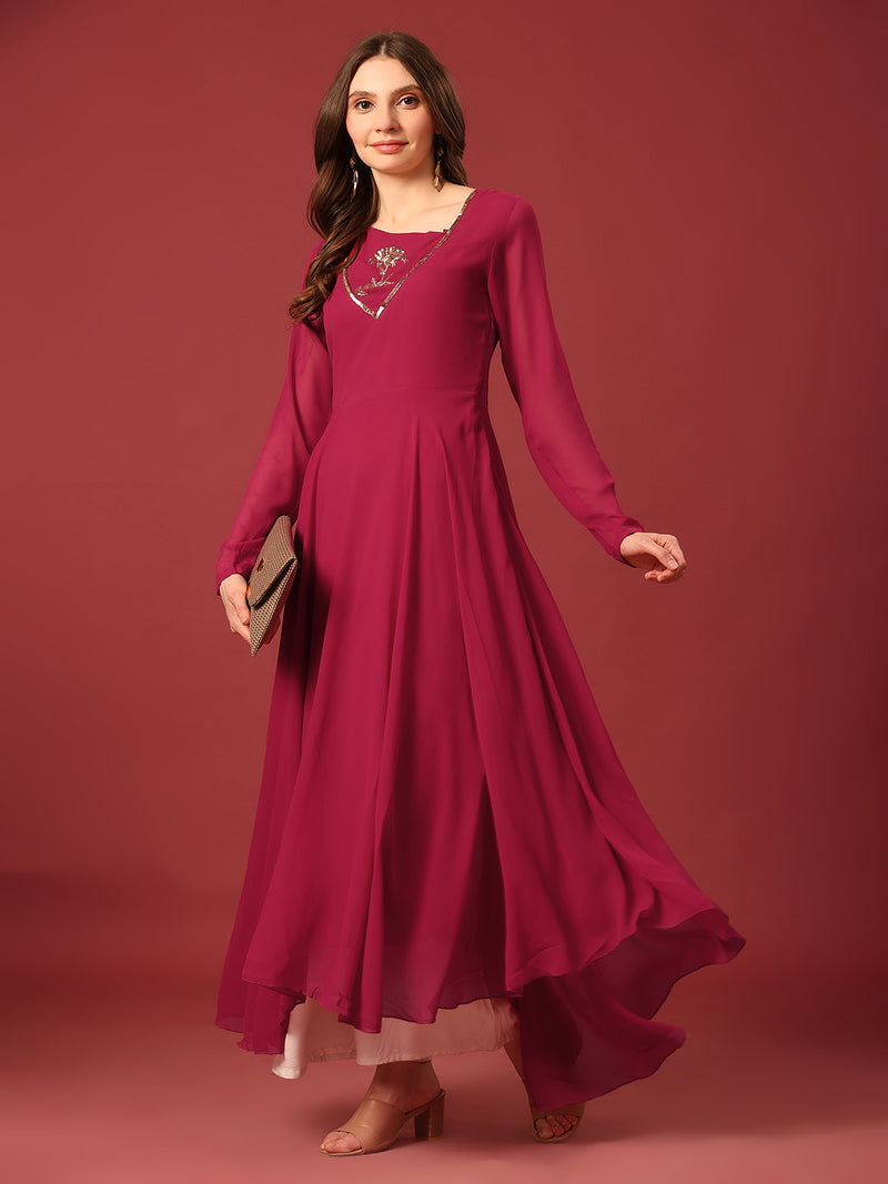 Poshak Hub Women Pink Ethnic Motifs Hand Embroidery Georgette Anarkali Kurta