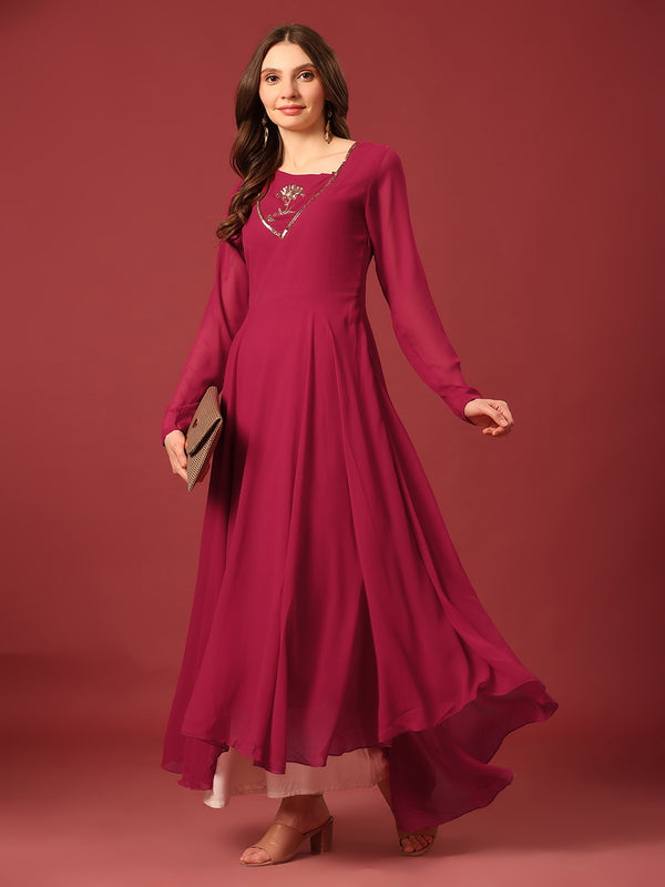 Poshak Hub Women Pink Ethnic Motifs Hand Embroidery Georgette Anarkali Kurta