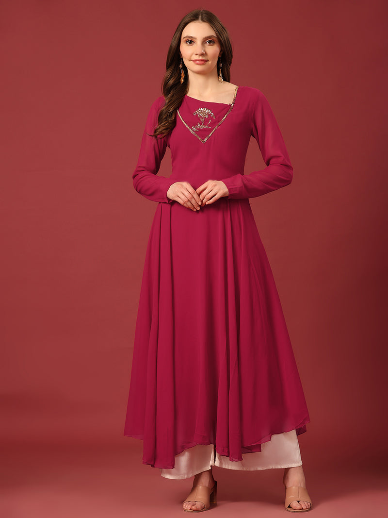 Poshak Hub Women Pink Ethnic Motifs Hand Embroidery Georgette Anarkali Kurta