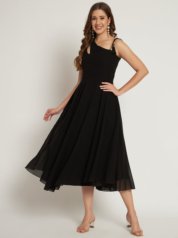 Poshak Hub Women Black Georgette One Shoulder Anarkali Kurta