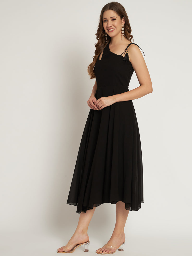 Poshak Hub Women Black Georgette One Shoulder Anarkali Kurta