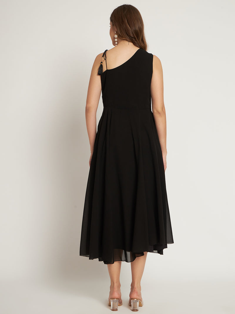 Poshak Hub Women Black Georgette One Shoulder Anarkali Kurta