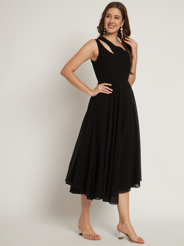 Poshak Hub Women Black Georgette One Shoulder Anarkali Kurta