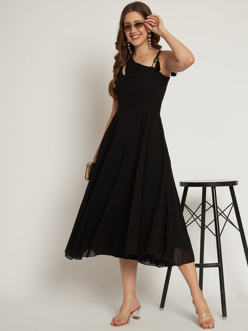 Poshak Hub Women Black Georgette One Shoulder Anarkali Kurta