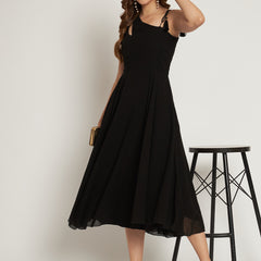 Poshak Hub Women Black Georgette One Shoulder Anarkali Kurta