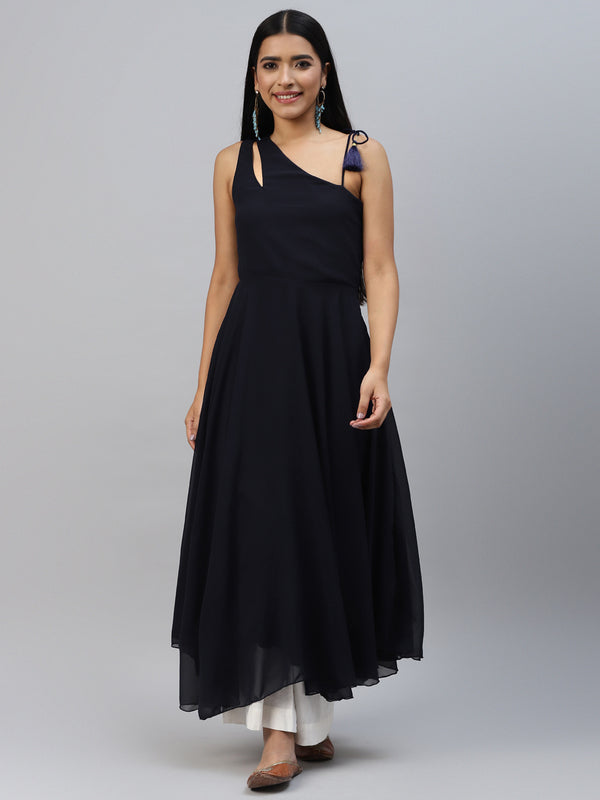 Poshak Hub Women Blue Georgette One Shoulder Anarkali Kurta