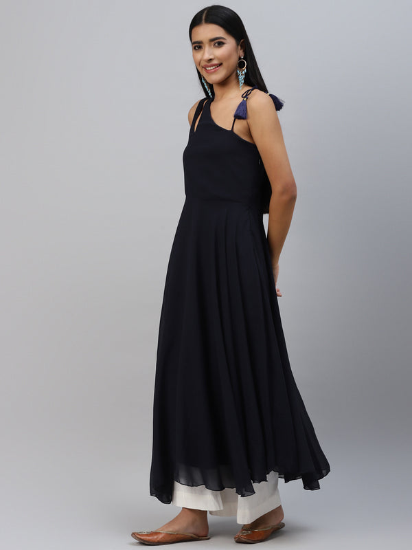 Poshak Hub Women Blue Georgette One Shoulder Anarkali Kurta