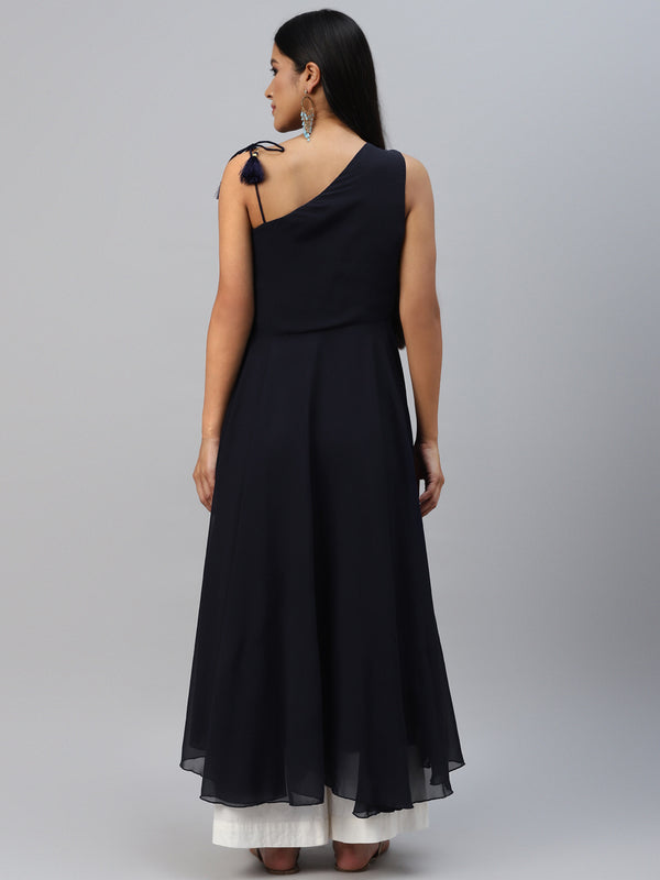 Poshak Hub Women Blue Georgette One Shoulder Anarkali Kurta