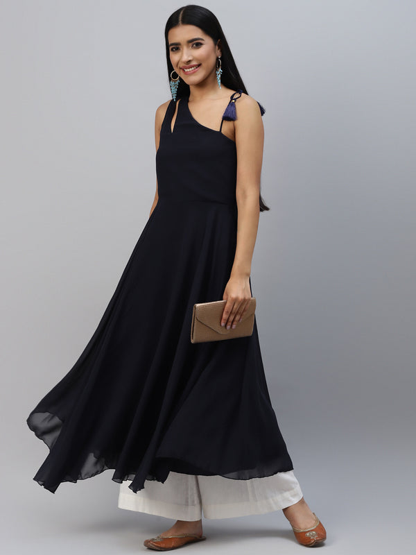 Poshak Hub Women Blue Georgette One Shoulder Anarkali Kurta