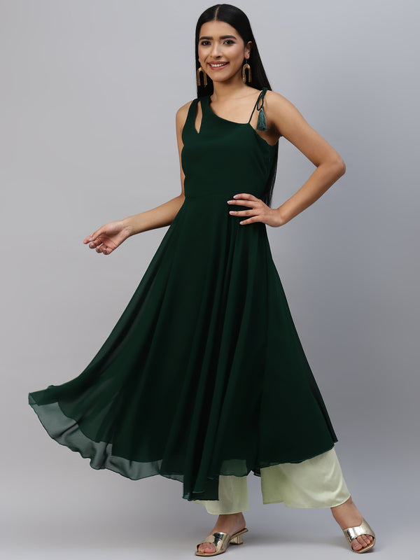 Poshak Hub Women Green Georgette One Shoulder Anarkali Kurta