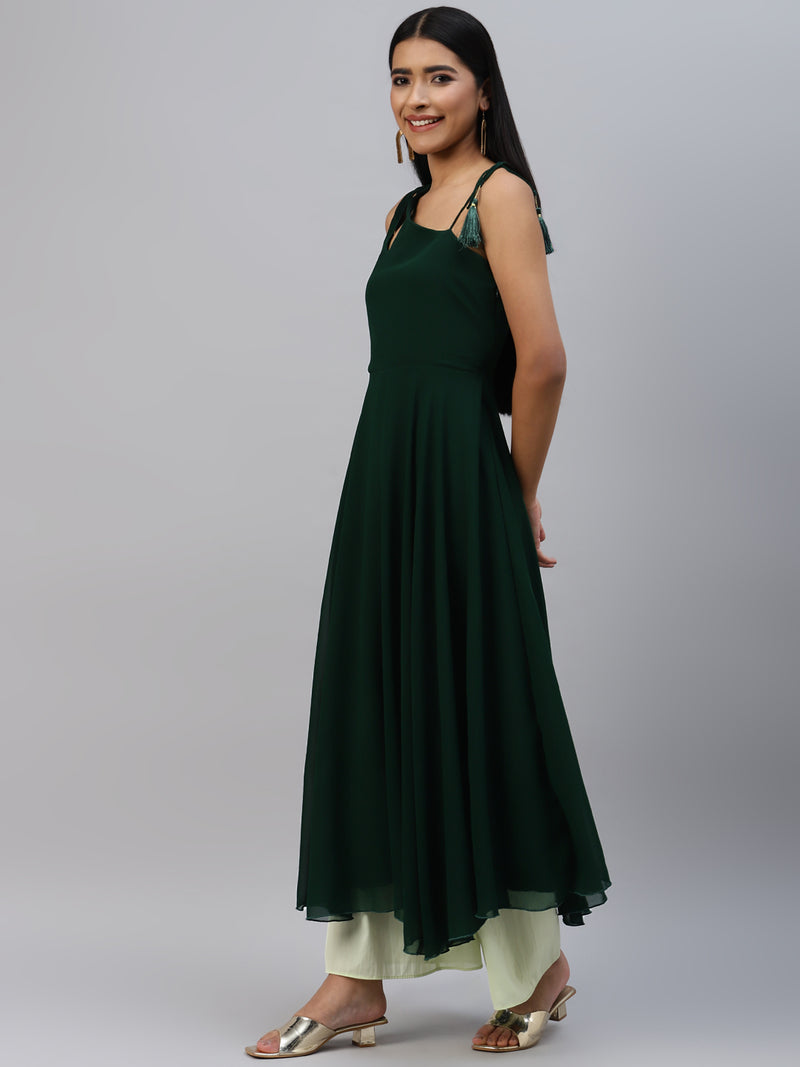 Poshak Hub Women Green Georgette One Shoulder Anarkali Kurta