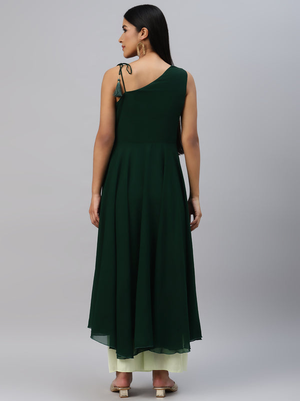 Poshak Hub Women Green Georgette One Shoulder Anarkali Kurta