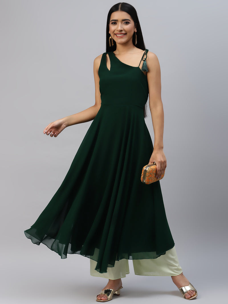 Poshak Hub Women Green Georgette One Shoulder Anarkali Kurta