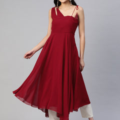Poshak Hub Women Maroon Georgette One Shoulder Anarkali Kurta