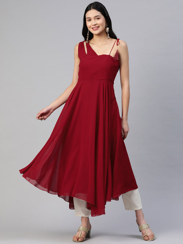 Poshak Hub Women Maroon Georgette One Shoulder Anarkali Kurta