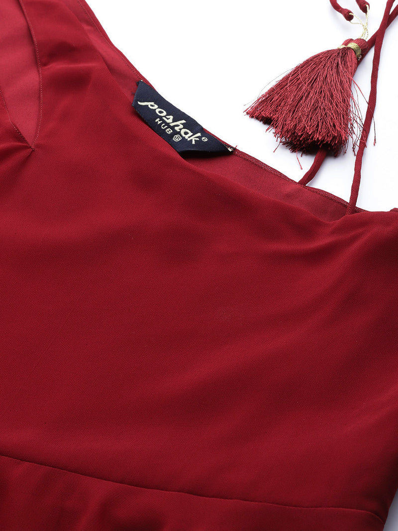 Poshak Hub Women Maroon Georgette One Shoulder Anarkali Kurta