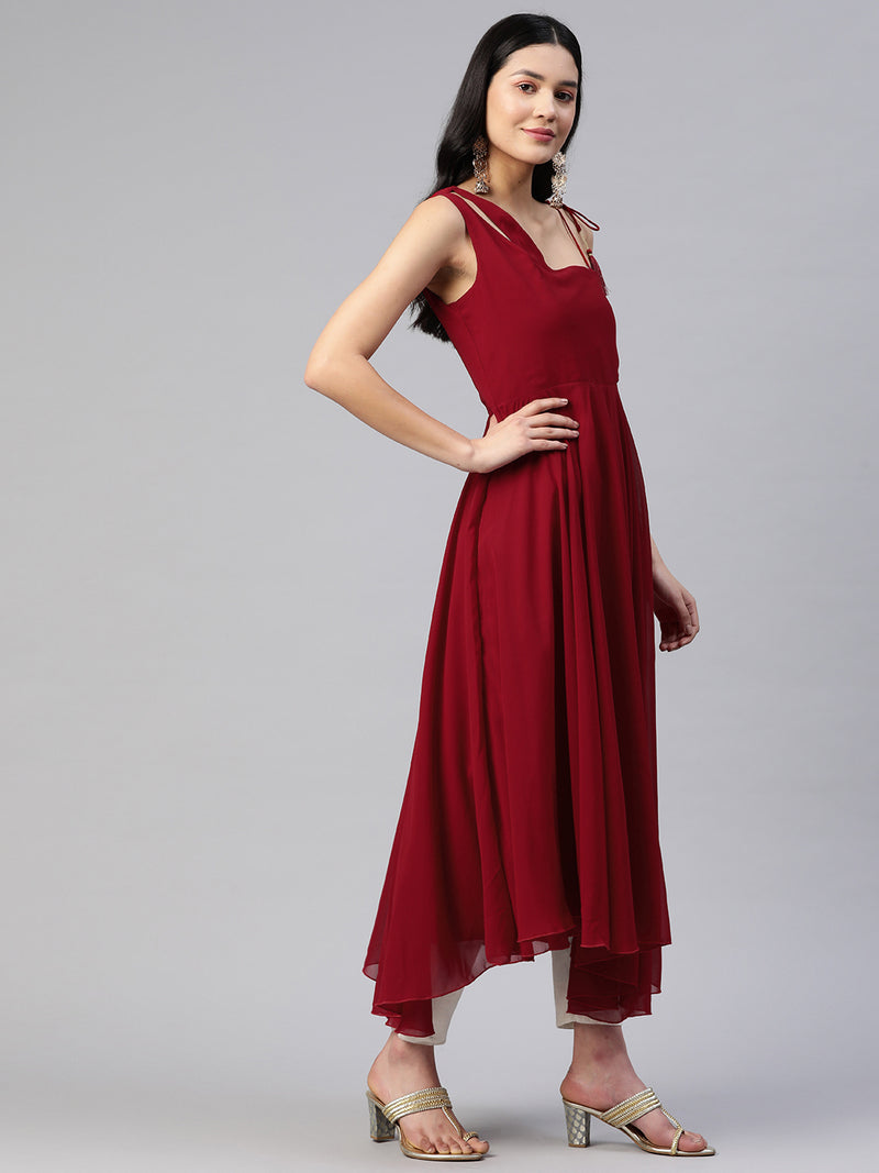 Poshak Hub Women Maroon Georgette One Shoulder Anarkali Kurta