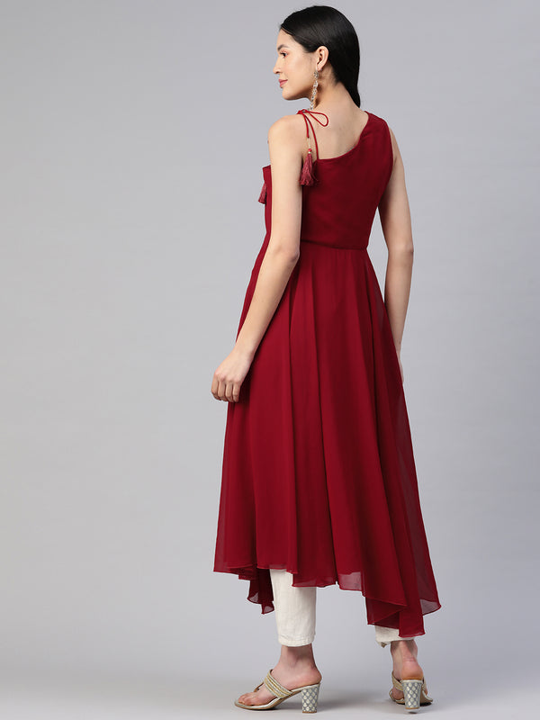 Poshak Hub Women Maroon Georgette One Shoulder Anarkali Kurta