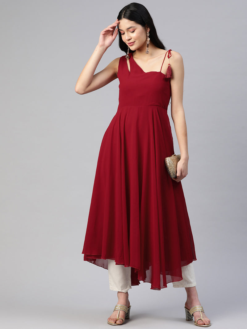 Poshak Hub Women Maroon Georgette One Shoulder Anarkali Kurta