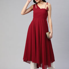Poshak Hub Women Maroon Georgette One Shoulder Anarkali Kurta