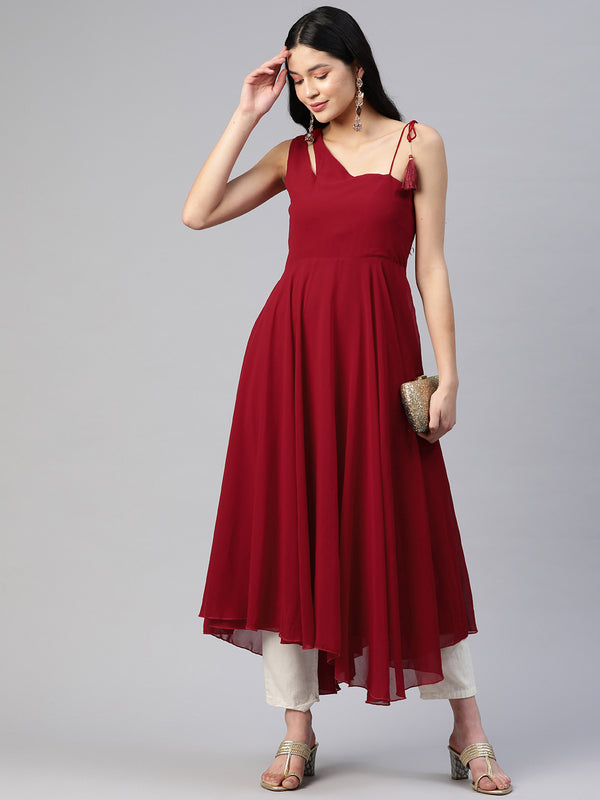 Poshak Hub Women Maroon Georgette One Shoulder Anarkali Kurta