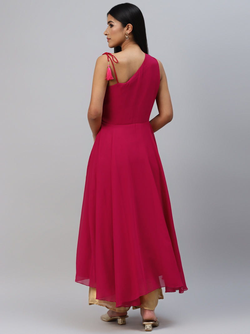 Poshak Hub Women Pink Georgette One Shoulder Anarkali Kurta