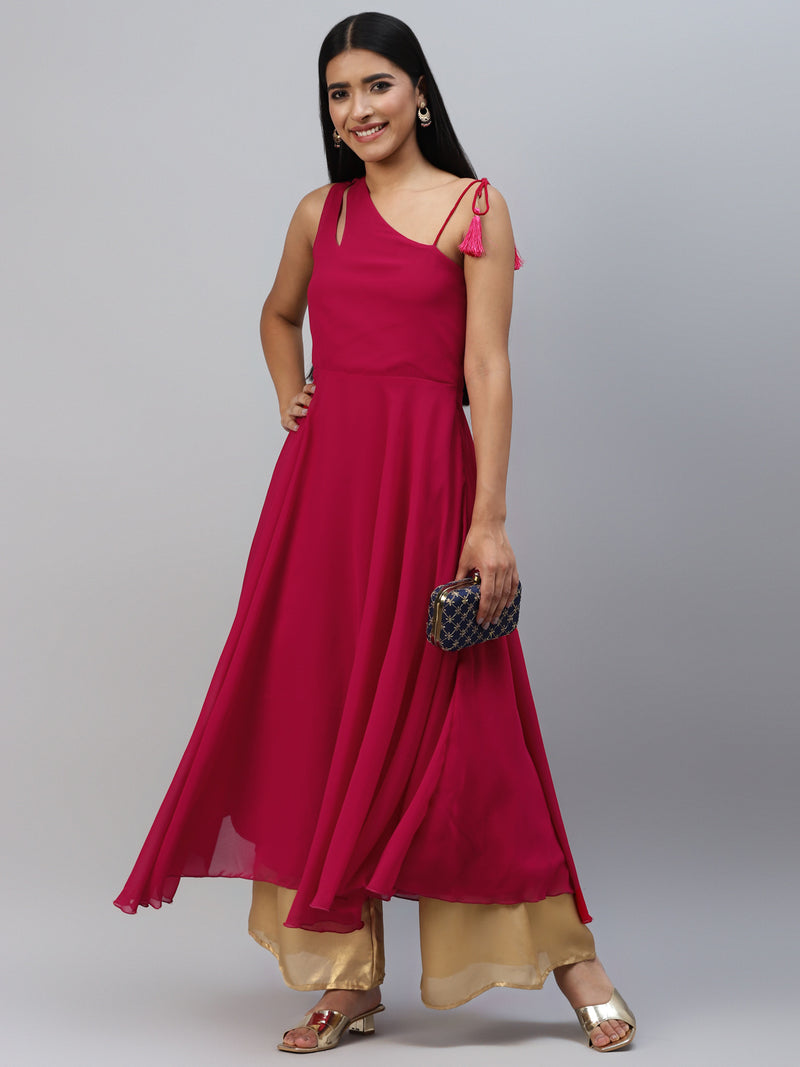 Poshak Hub Women Pink Georgette One Shoulder Anarkali Kurta