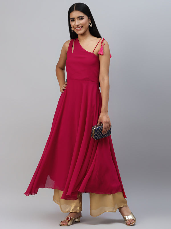 Poshak Hub Women Pink Georgette One Shoulder Anarkali Kurta