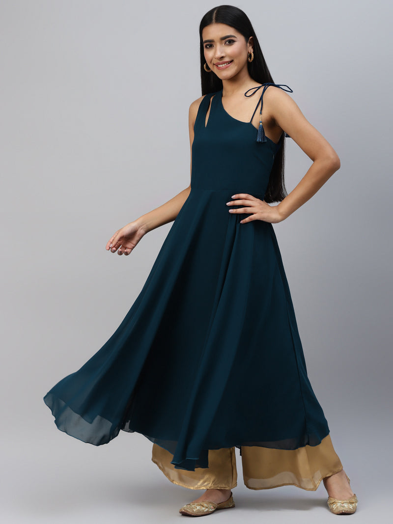 Poshak Hub Women Teal Blue Georgette One Shoulder Anarkali Kurta