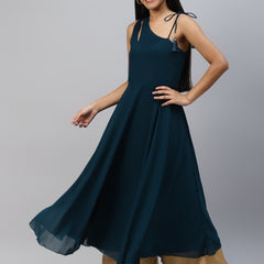 Poshak Hub Women Teal Blue Georgette One Shoulder Anarkali Kurta