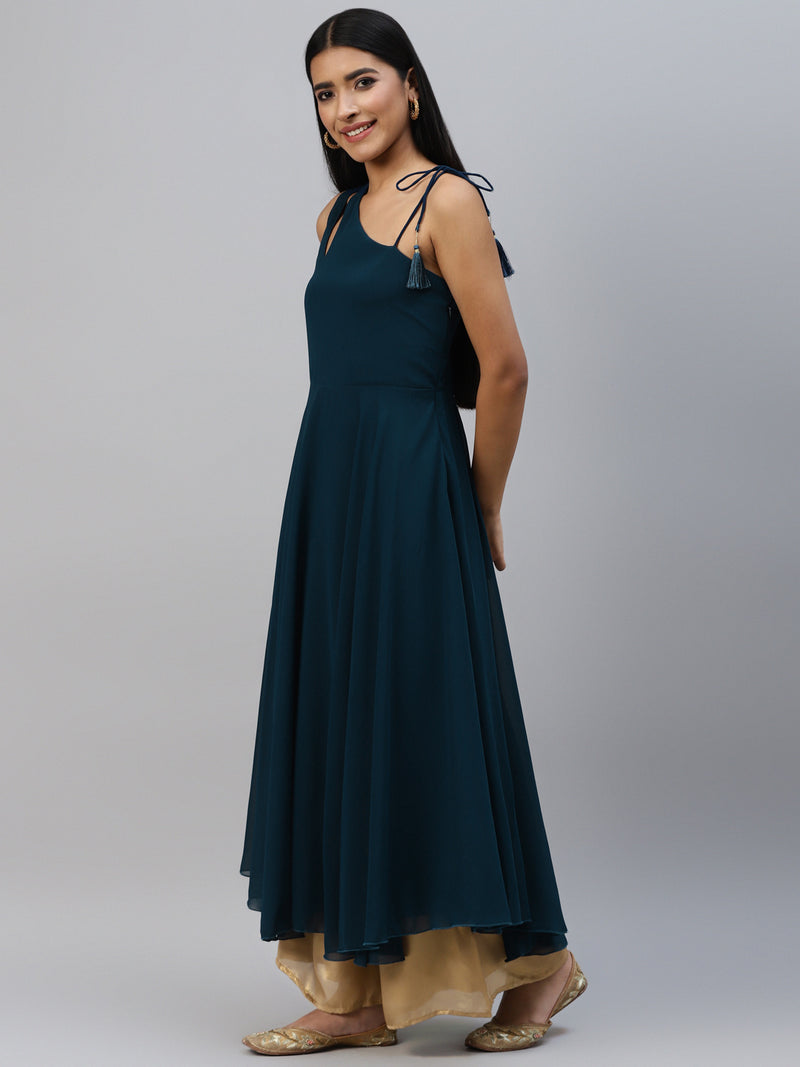 Poshak Hub Women Teal Blue Georgette One Shoulder Anarkali Kurta