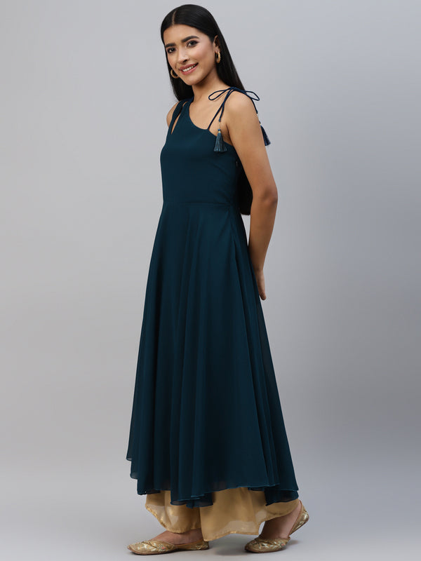 Poshak Hub Women Teal Blue Georgette One Shoulder Anarkali Kurta