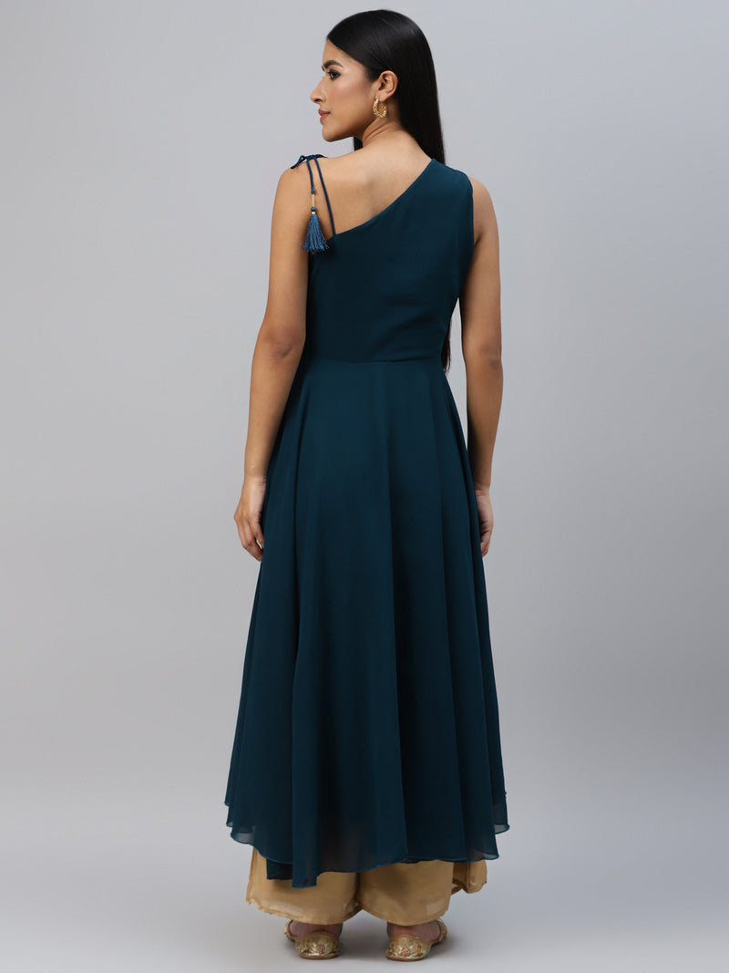 Poshak Hub Women Teal Blue Georgette One Shoulder Anarkali Kurta