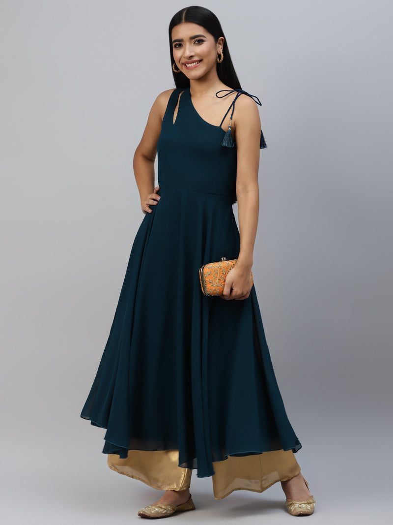 Poshak Hub Women Teal Blue Georgette One Shoulder Anarkali Kurta