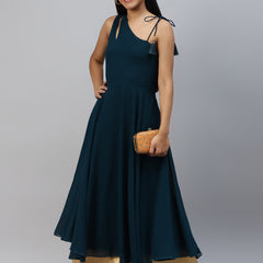 Poshak Hub Women Teal Blue Georgette One Shoulder Anarkali Kurta