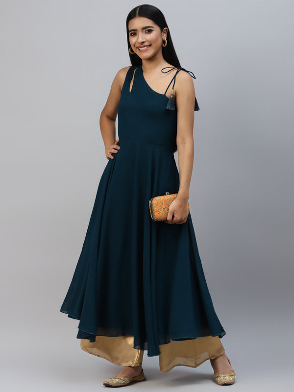 Poshak Hub Women Teal Blue Georgette One Shoulder Anarkali Kurta