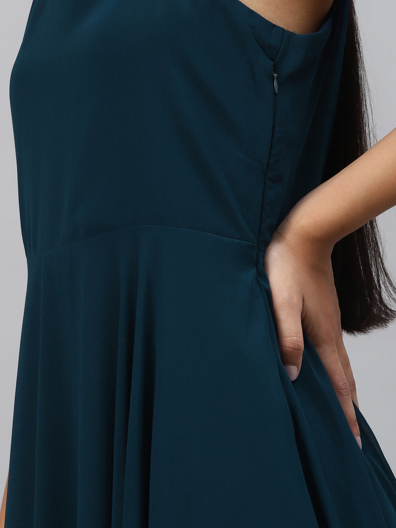 Poshak Hub Women Teal Blue Georgette One Shoulder Anarkali Kurta