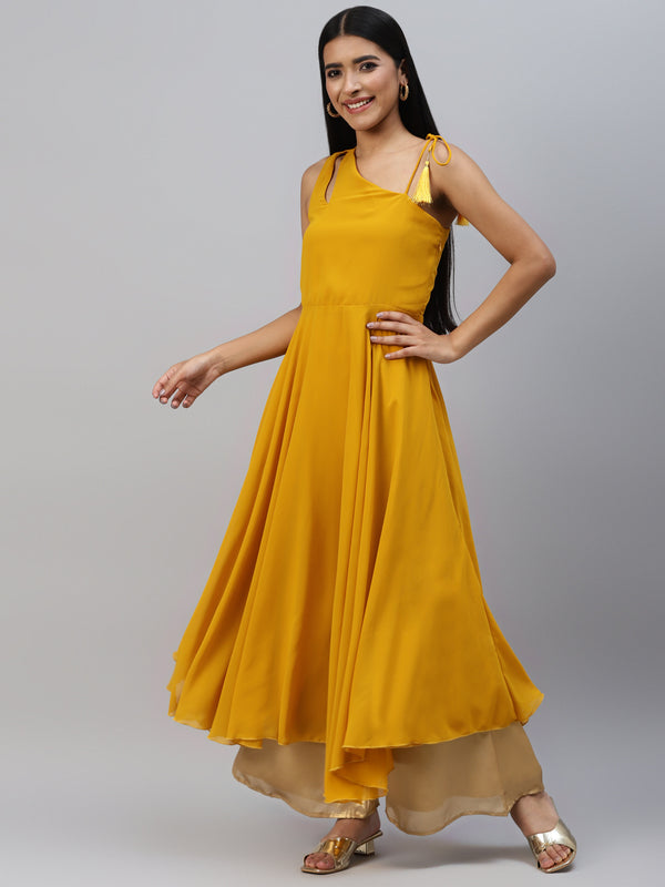 Poshak Hub Women Yellow Georgette One Shoulder Anarkali Kurta