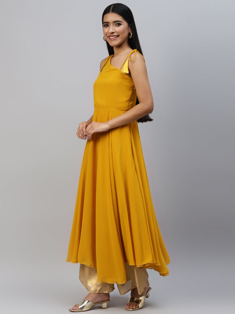 Poshak Hub Women Yellow Georgette One Shoulder Anarkali Kurta