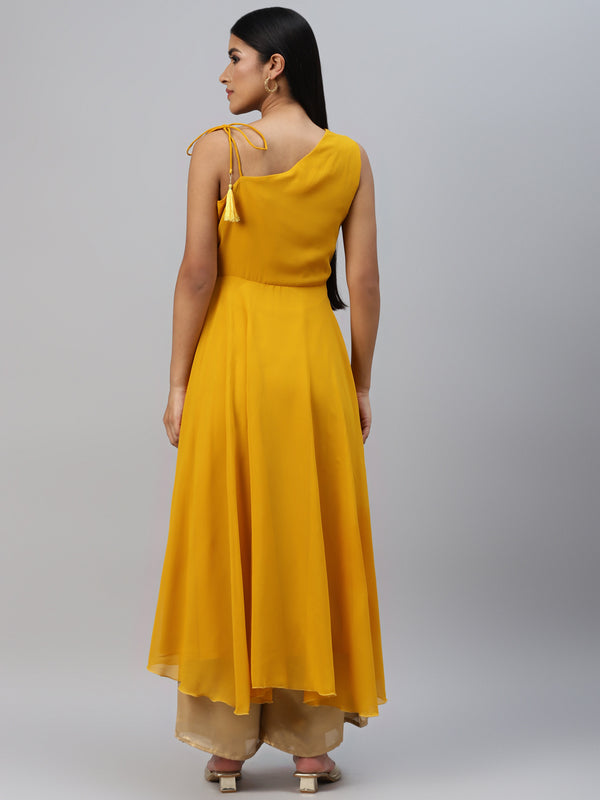 Poshak Hub Women Yellow Georgette One Shoulder Anarkali Kurta