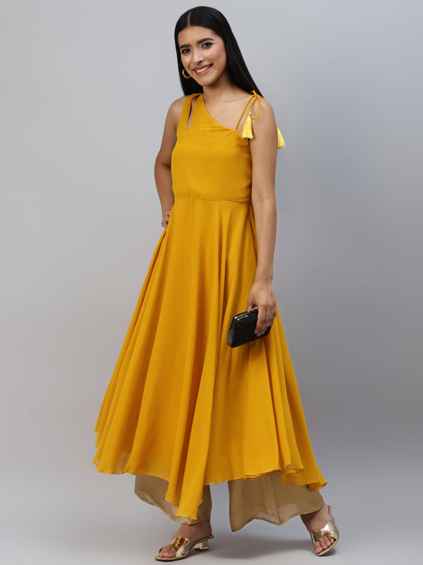 Poshak Hub Women Yellow Georgette One Shoulder Anarkali Kurta
