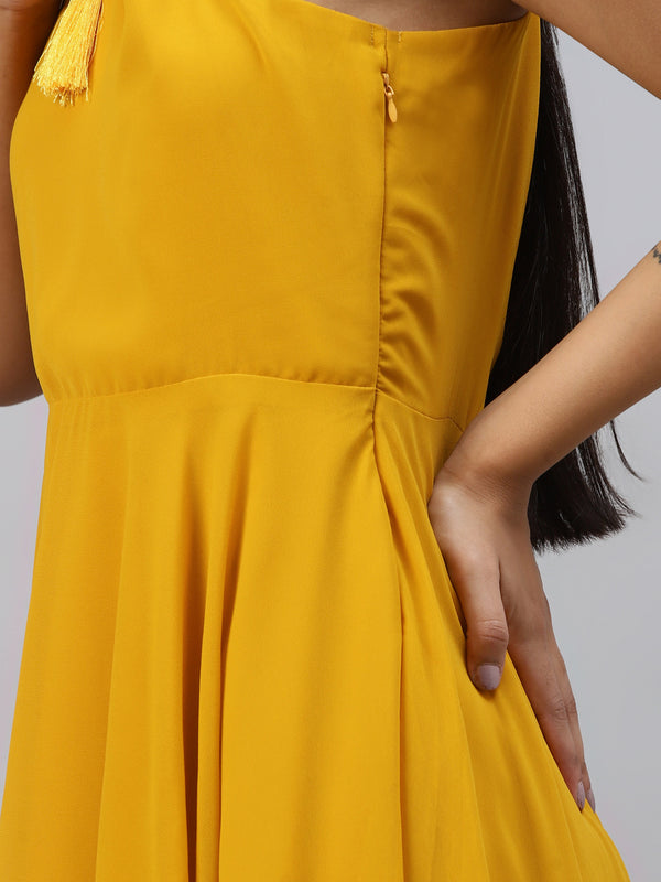 Poshak Hub Women Yellow Georgette One Shoulder Anarkali Kurta