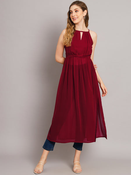 Poshak Hub Maroon Keyhole neck A line Georgette kurta