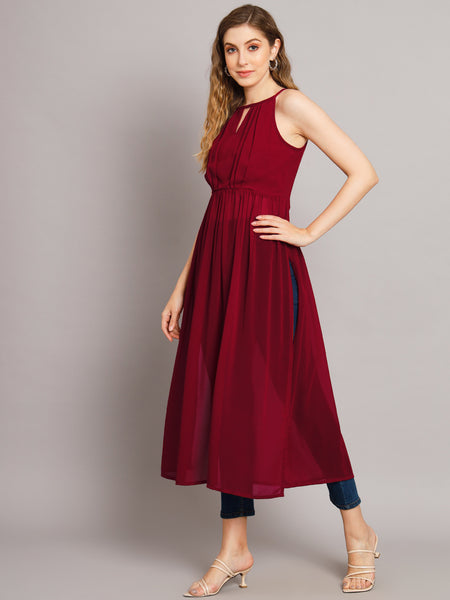 Poshak Hub Maroon Keyhole neck A line Georgette kurta