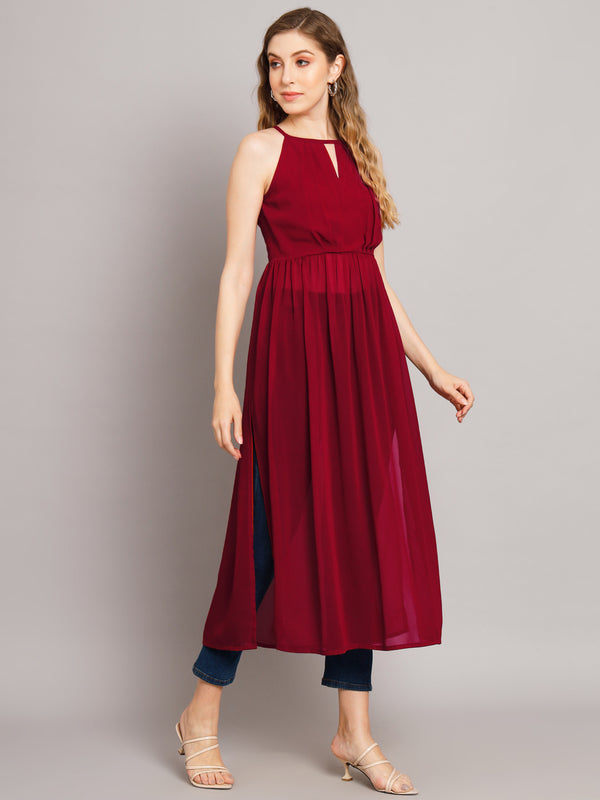 Poshak Hub Maroon Keyhole neck A line Georgette kurta