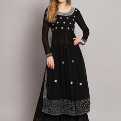 Poshak Hub Women Black georgette Aari work A-Line Kurta with Sharara