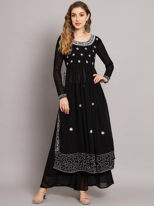Poshak Hub Women Black georgette Aari work A-Line Kurta with Sharara