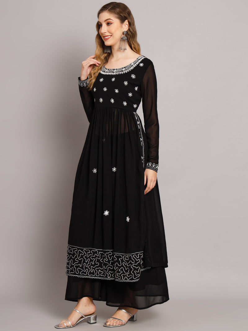 Poshak Hub Women Black georgette Aari work A-Line Kurta with Sharara